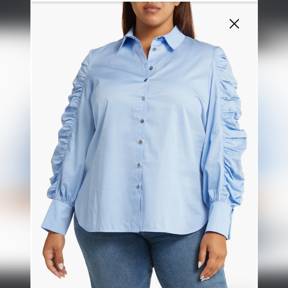 Harshman Juliana Ruched Sleeve Cotton Button-Up Shirt Light Blue Size 3X NWT
